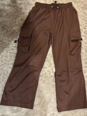 Zaful Men's Brown wide leg baggy Cargo Pants with Drawstring Waist size medium